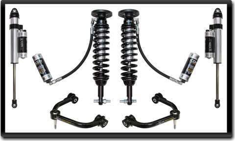 ICON 2015 Ford F-150 leveling kit has custom-tuned shocks with remote reservoirs.