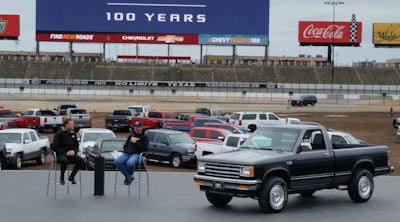 On December 18, 2017, during Chevy's 100-year truck anniversary at the Texas Motor Speedway in Ft. Worth, Texas, Dale Earnhardt Jr. (on the right) drove a 1988 S-10 on stage. Here's to hoping that GM President Mark Reuss will follow his lead and drive an electric 1997 Chevy S-10 on stage at the next electric Silverado event.