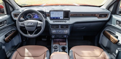 The 2022 Ford Maverick comes standard with an 8-inch touchscreen and safety features like automatic emergency braking and automatic high beam headlamps. Lariat trim shown above.