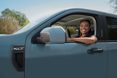 Actress Gabrielle Union sits in the Ford Maverick compact truck. From this picture, we can see that it's a crew cab XLT model with a sun roof and keypad entry. Fleet appeal? Tune into the reveal on Tuesday, June 8 to learn more. If you can't make it, no worries. We'll report on Ford's latest pickup here in Hard Working Trucks. It's a pretty big deal. Ford's last compact, Courier, was yanked in the early 80s in the U.S. to make way for Ranger.
