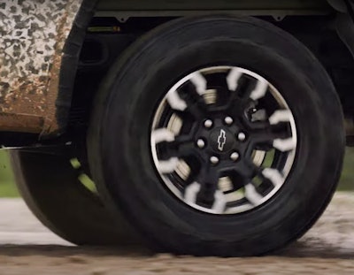 Screenshot of the wheel on the new 2022 Chevy Silverado ZR2. More intriguing is the roar coming from under the hood.