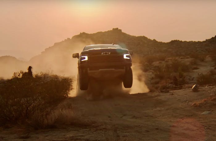 Not your grandpa's Chevy. The 2022 Chevy Silverado ZR2 is shown taking on a jump, the new norm it seems when it comes to flexing half-ton muscle.