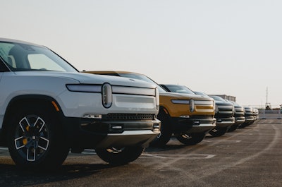 Rivian Trucks Lined Up