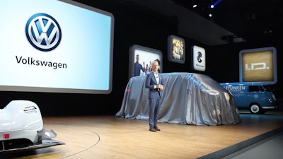 Scott Keogh, shown here at the LA Auto Show in 2018, will lead VW's new spin-off company, Scout, which will produce and sell all-electric pickups and SUVs in the U.S.