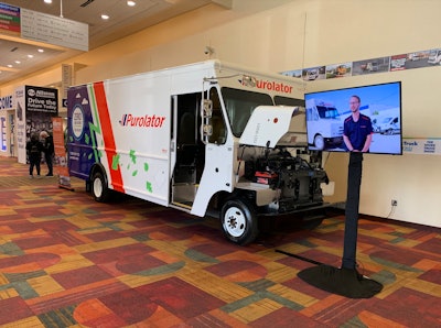 An electric Purolator delivery van from Motiv Power Systems on display at Work Truck Show 2023.