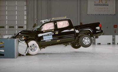 Toyota Tacoma during the updated moderate overlap front crash at the Insurance Institute for Highway Safety. None of the midsize crew cab pickups received a good rating following the test.